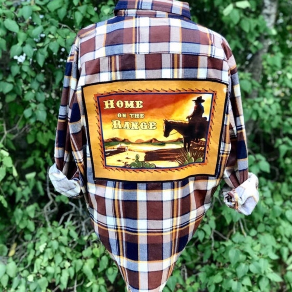 Upcycled Vtg Flannel Shirt with Cowboy Appliqué